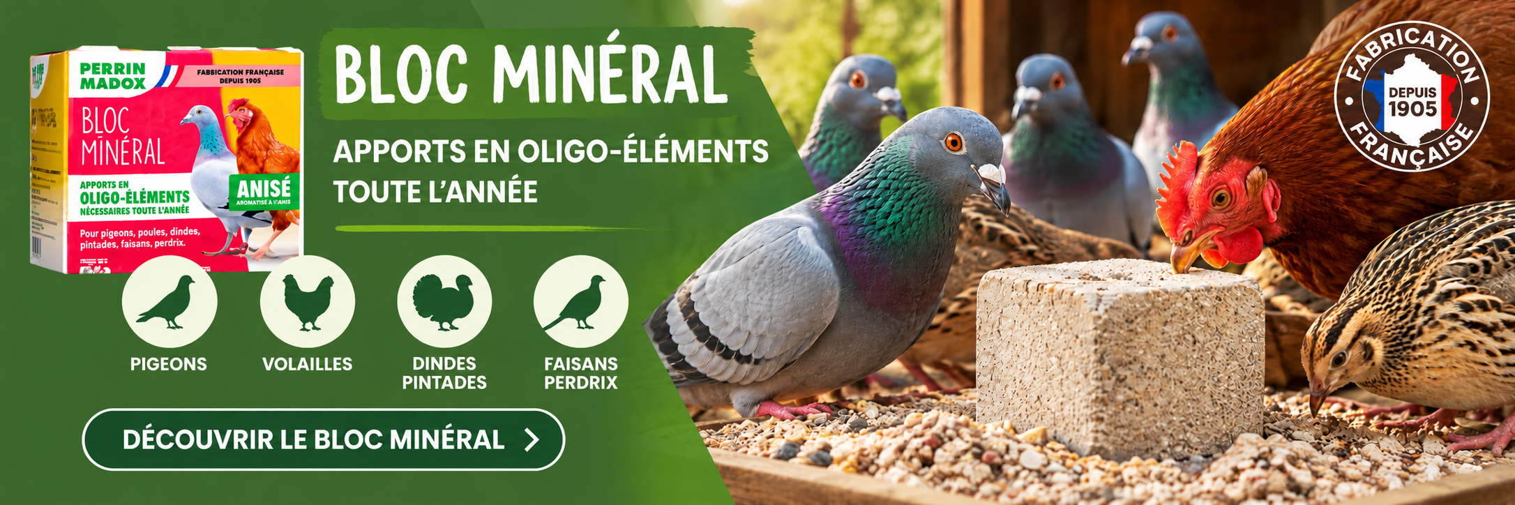 Produits alimentaires pour Pigeons, poules, dindes, pintades, faisans, perdrix. 